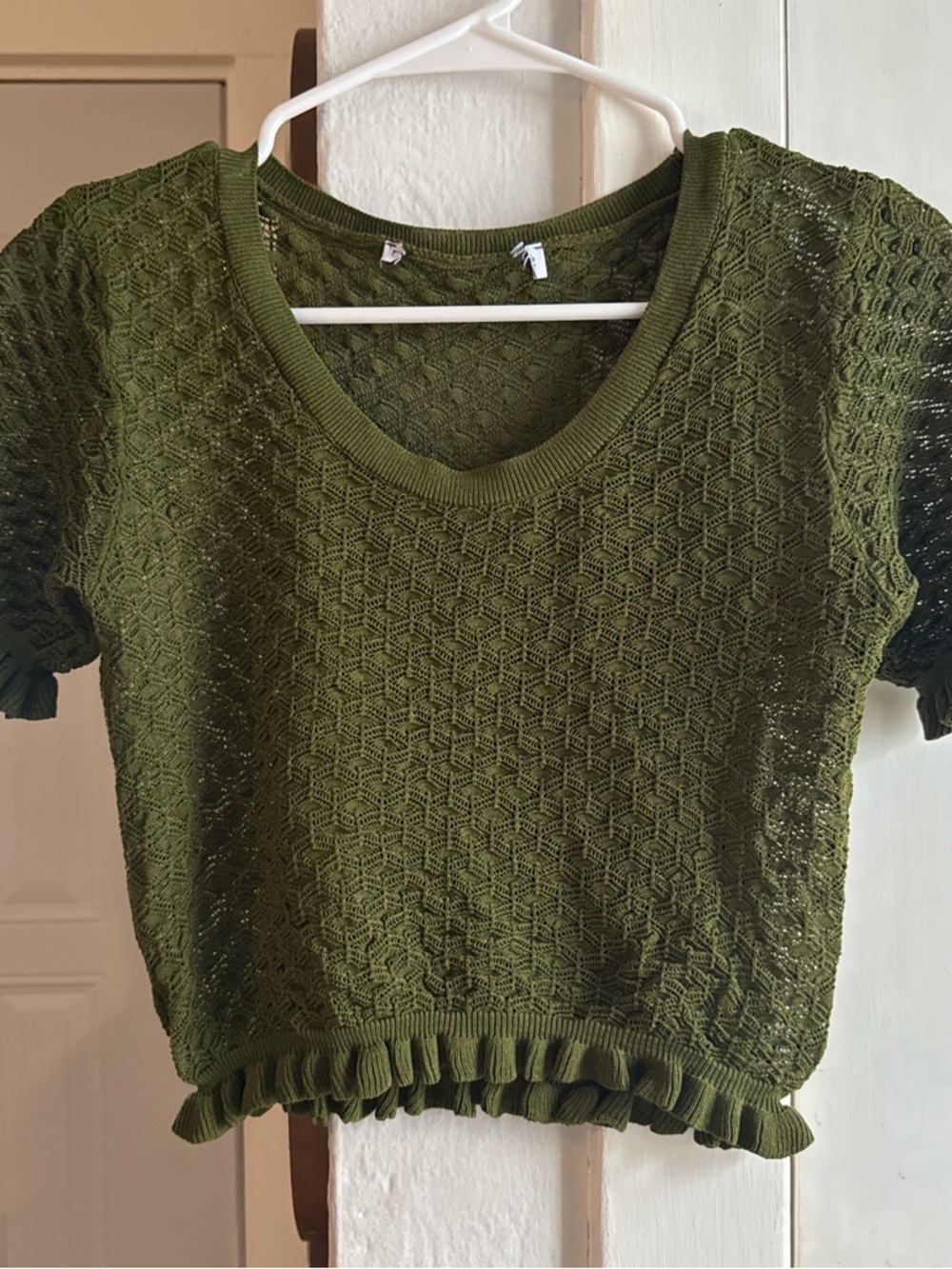 Zara Olive Knit Ruffle-Hem Crop Top